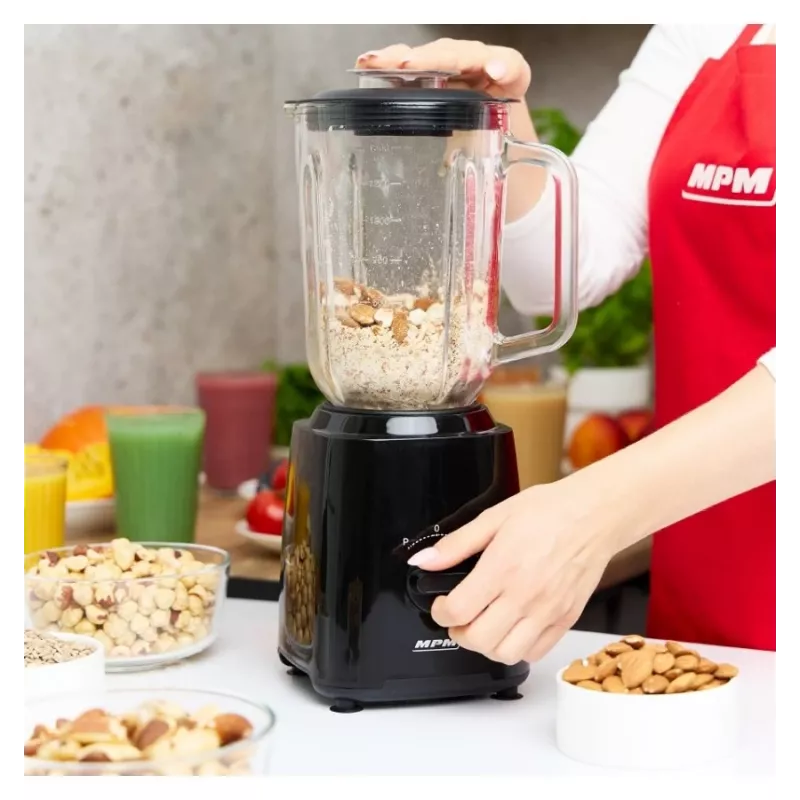 MPM MBL-37 Blender, 500 W, 1.5 L Szklany Dzbanek, Nierdzewne Ostrze, 2 Prędkości, Funkcja Pulse, Kruszenie Lodu, Czarny