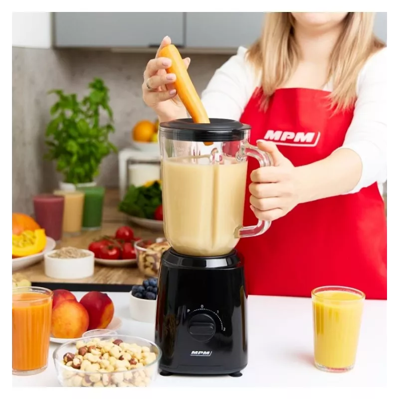 MPM MBL-37 Blender, 500 W, 1.5 L Szklany Dzbanek, Nierdzewne Ostrze, 2 Prędkości, Funkcja Pulse, Kruszenie Lodu, Czarny