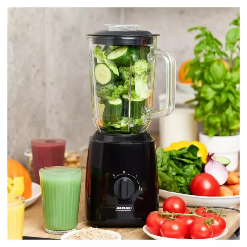 MPM MBL-37 Blender, 500 W, 1.5 L Szklany Dzbanek, Nierdzewne Ostrze, 2 Prędkości, Funkcja Pulse, Kruszenie Lodu, Czarny