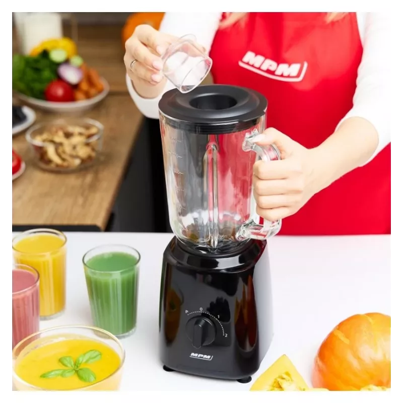 MPM MBL-37 Blender, 500 W, 1.5 L Szklany Dzbanek, Nierdzewne Ostrze, 2 Prędkości, Funkcja Pulse, Kruszenie Lodu, Czarny