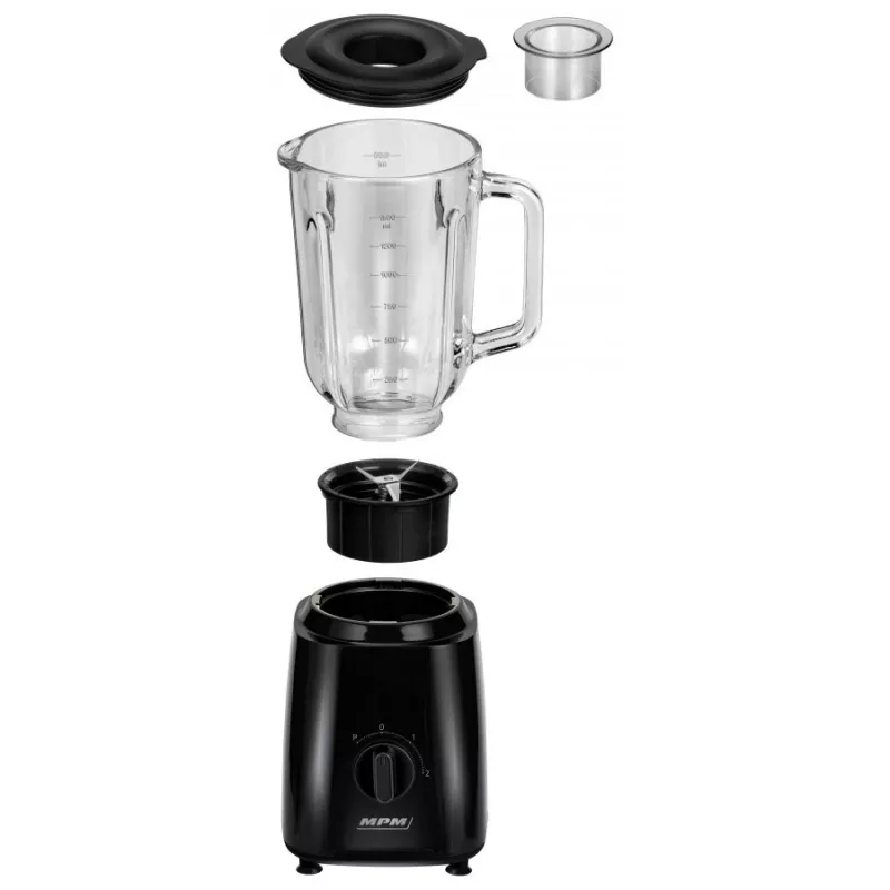 MPM MBL-37 Blender, 500 W, 1.5 L Szklany Dzbanek, Nierdzewne Ostrze, 2 Prędkości, Funkcja Pulse, Kruszenie Lodu, Czarny