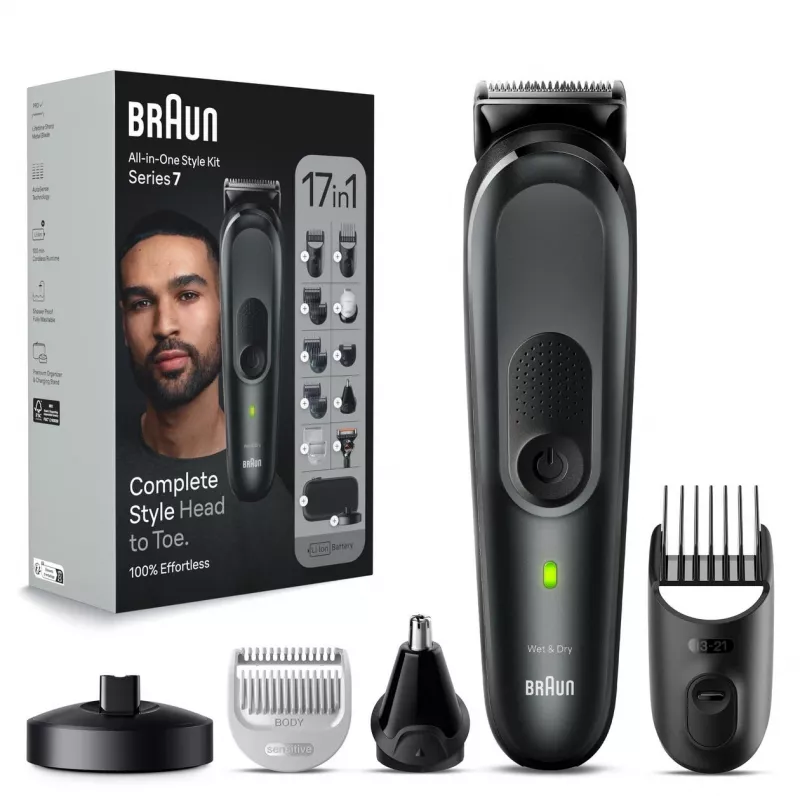 Braun MGK7491 17-w-1 Wielofunkcyjny Zestaw do Stylizacji, Czarny/Srebrny, Bezprzewodowy, Li-Ion, 100 min czasu pracy