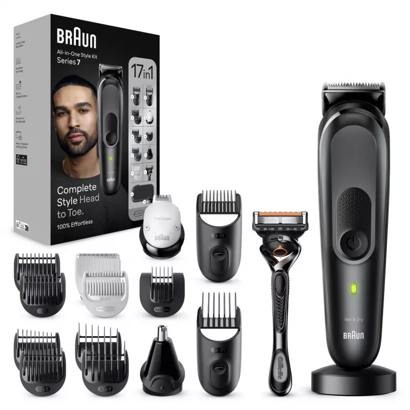 Braun MGK7491 17-w-1 Wielofunkcyjny Zestaw do Stylizacji, Czarny/Srebrny, Bezprzewodowy, Li-Ion, 100 min czasu pracy