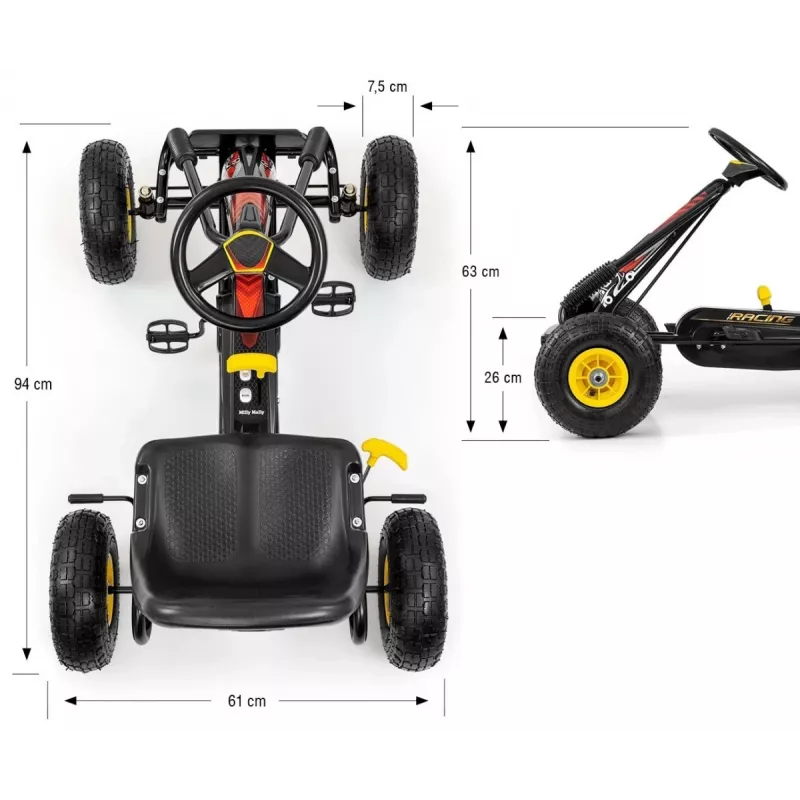 MILLY MALLY Pedal Go-Kart Thor Black, Stalowa Rama, Koła z Pianki EVA, Hamulec Ręczny, Jazda Do Przodu/Tyłu, dla Dzieci 3-8 Lat, Maks. Obciążenie 30 kg
