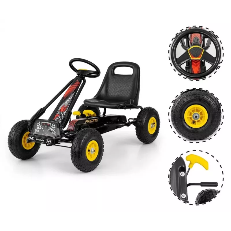 MILLY MALLY Pedal Go-Kart Thor Black, Stalowa Rama, Koła z Pianki EVA, Hamulec Ręczny, Jazda Do Przodu/Tyłu, dla Dzieci 3-8 Lat, Maks. Obciążenie 30 kg
