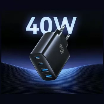 USAMS T70 40W 2xUSB-A 2xUSB-C Czarna Ładowarka Sieciowa