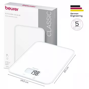 Beurer KS 19 Pure White Cyfrowa Waga Kuchenna z Przyciskami Dotykowymi, Udźwig 5 kg, Działka 1 g, Funkcja Tary, Wyświetlacz LCD