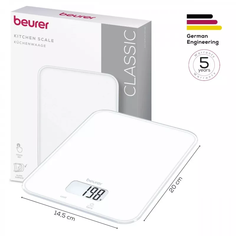 Beurer KS 19 Pure White Cyfrowa Waga Kuchenna z Przyciskami Dotykowymi, Udźwig 5 kg, Działka 1 g, Funkcja Tary, Wyświetlacz LCD