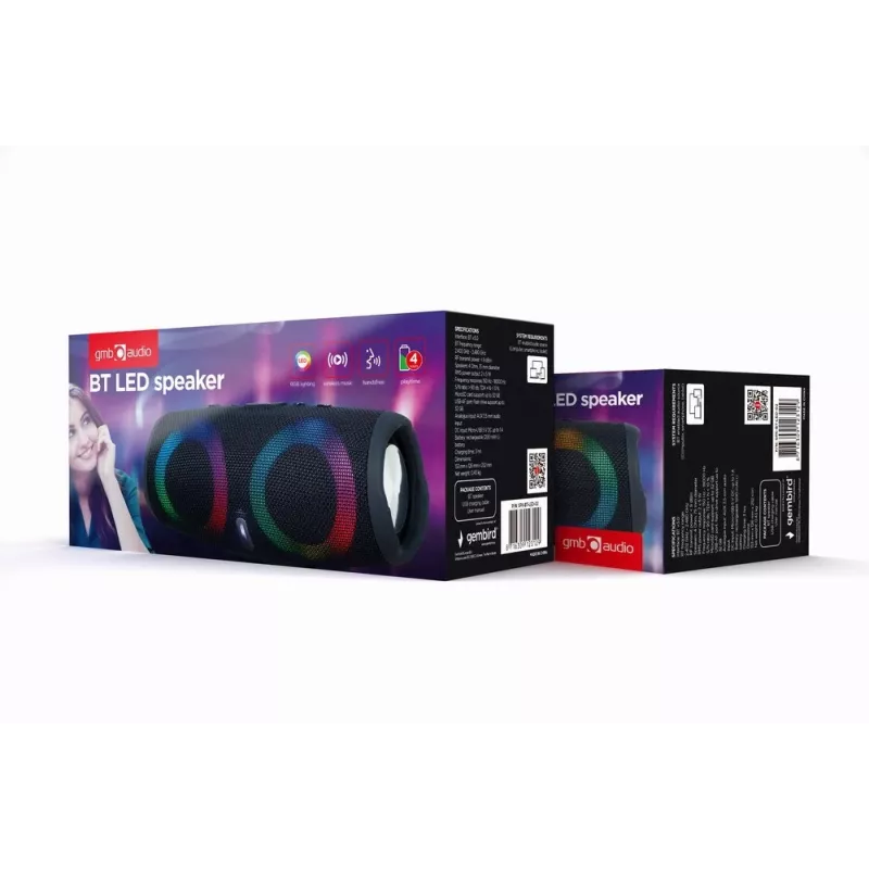 Gembird SPK-BT-LED-02 Przenośny głośnik Bluetooth imprezowy, 10 W, czarny