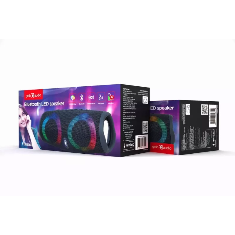 Gembird SPK-BT-LED-02 Przenośny głośnik Bluetooth imprezowy, 10 W, czarny