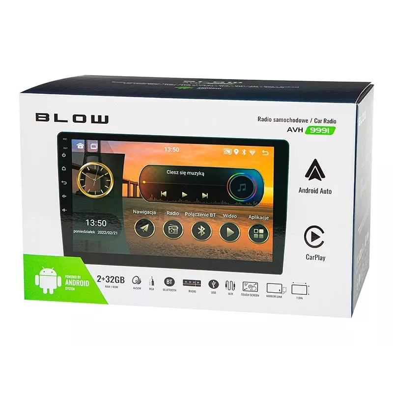 BLOW AVH-9991 1DIN 9-calowe radio samochodowe Android z WiFi, GPS, Apple CarPlay