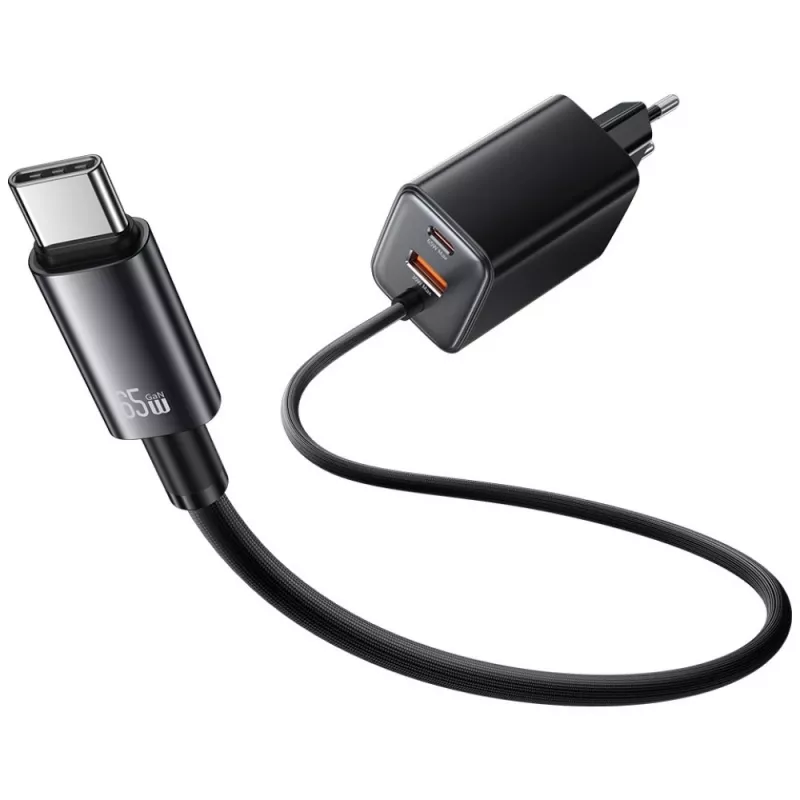 USAMS JC Series CC266 65W GaN Fast Charger z wbudowanym kablem USB-C, czarny