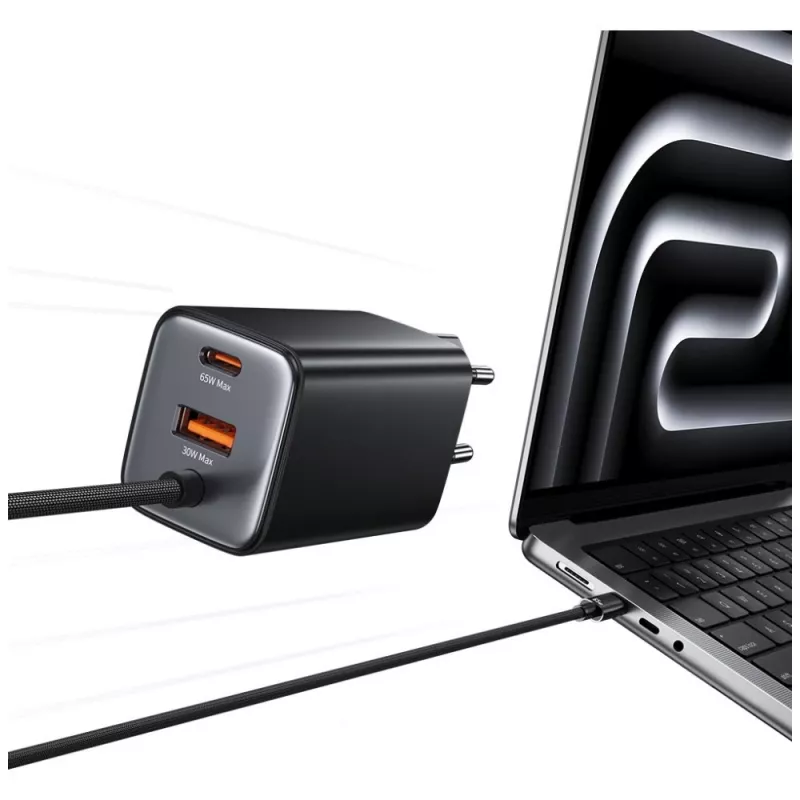 USAMS JC Series CC266 65W GaN Fast Charger z wbudowanym kablem USB-C, czarny