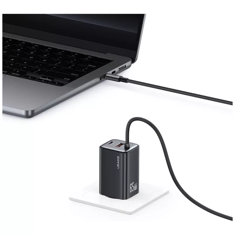 USAMS JC Series CC266 65W GaN Fast Charger z wbudowanym kablem USB-C, czarny