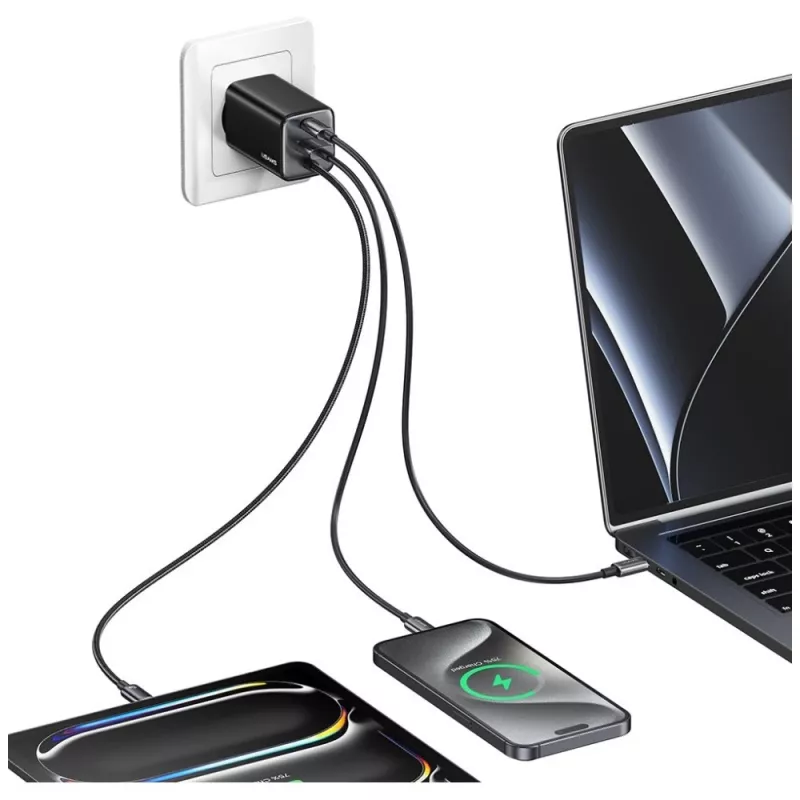 USAMS JC Series CC266 65W GaN Fast Charger z wbudowanym kablem USB-C, czarny
