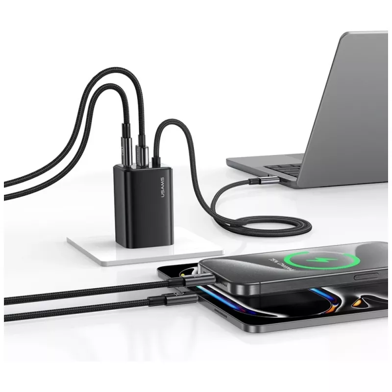 USAMS JC Series CC266 65W GaN Fast Charger z wbudowanym kablem USB-C, czarny