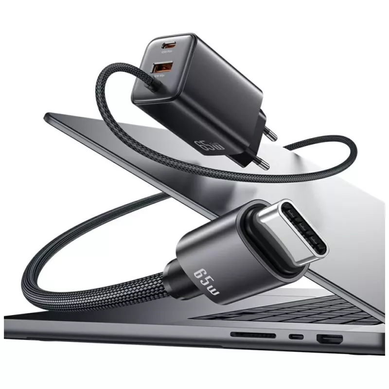 USAMS JC Series CC266 65W GaN Fast Charger z wbudowanym kablem USB-C, czarny