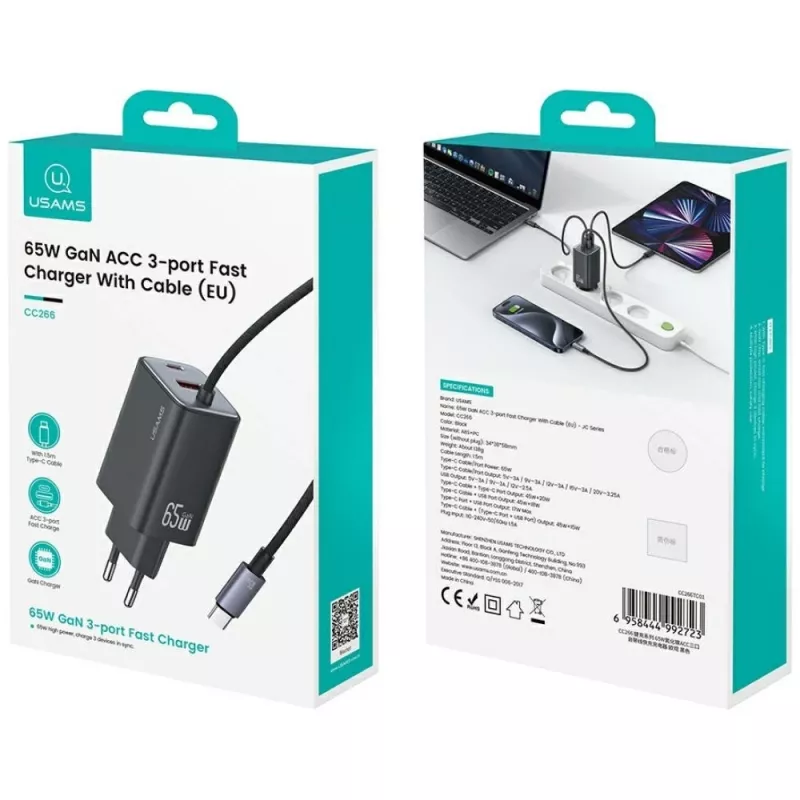 USAMS JC Series CC266 65W GaN Fast Charger z wbudowanym kablem USB-C, czarny
