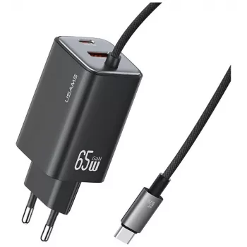 USAMS JC Series CC266 65W GaN Fast Charger z wbudowanym kablem USB-C, czarny