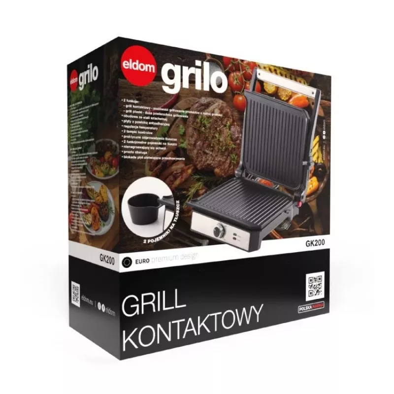 ELDOM GK200 GRILO Grill kontaktowy 2000W Regulowany termostat Płyty nieprzywierające Czarny/Srebrny