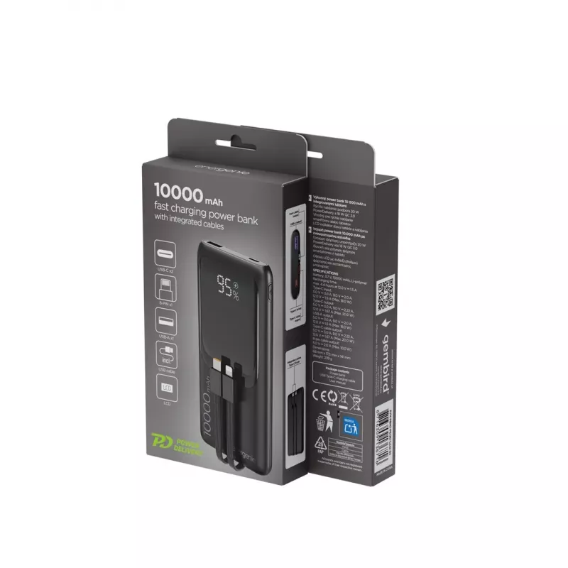 Gembird PB10-PD20-LCD-01 Powerbank z szybkim ładowaniem i zintegrowanymi kablami, 20W, 10000 mAh, czarny