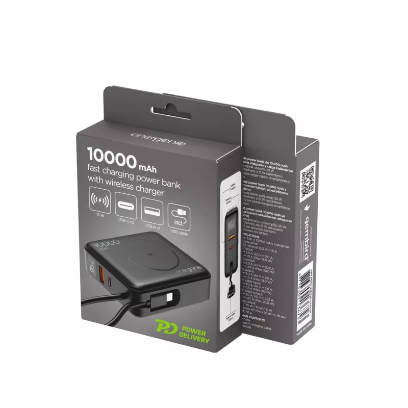 Gembird PB10-WPC15-LCD-01 Power Bank z szybkim ładowaniem i ładowarką bezprzewodową, 20W, 10000 mAh, czarny