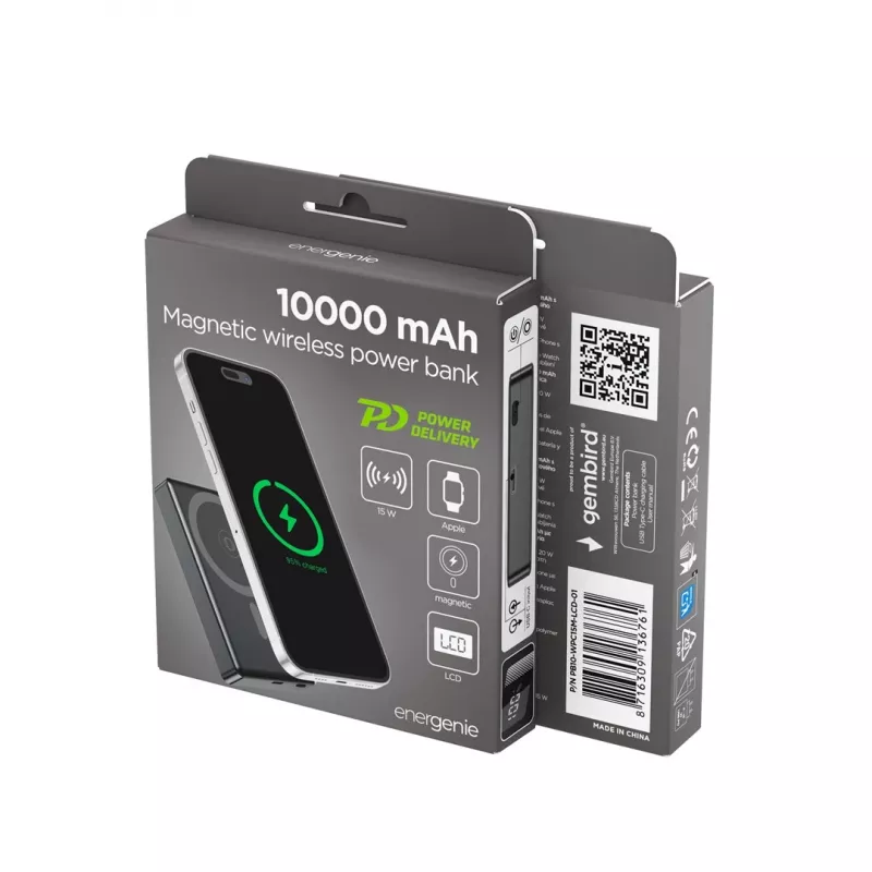 Gembird PB10-WPC15M-LCD-01 Magnetyczny bezprzewodowy power bank z wyświetlaczem LCD, 15W, 10000 mAh, czarny