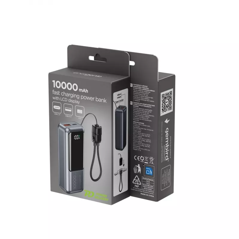 Gembird PB10-PD20-LCD-02 Kompaktowy Power Bank z szybkim ładowaniem i wyświetlaczem LCD, 20W, 10000 mAh, Space Grey