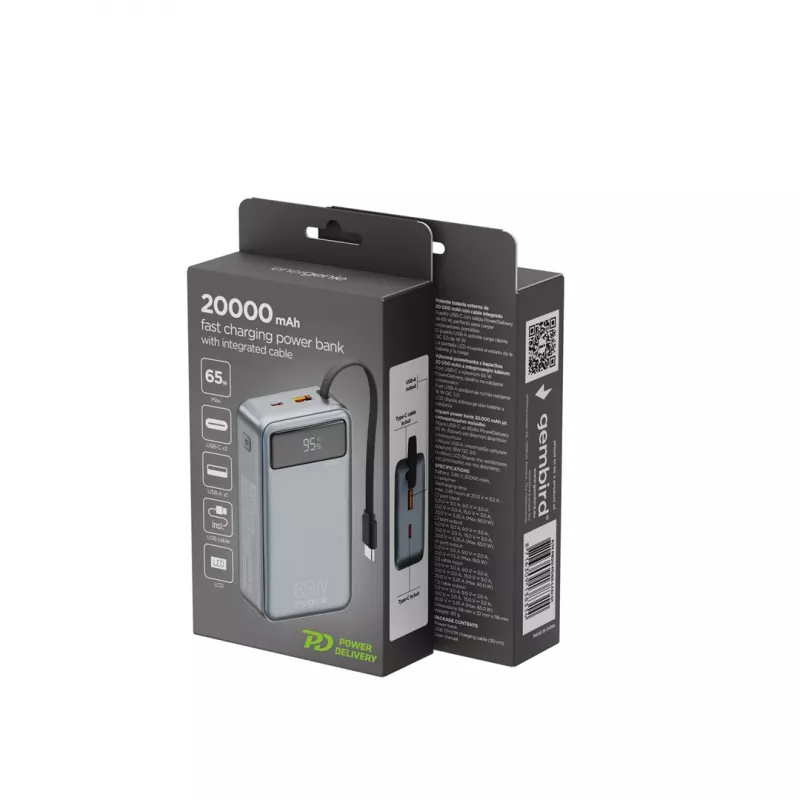 Gembird PB20-PD65-LCD-01 Powerbank z szybkim ładowaniem i zintegrowanymi kablami, 65W, 20000 mAh, czarny