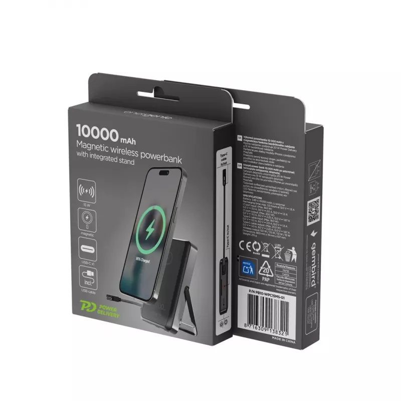 Gembird PB10-WPC15MS-01 Magnetyczny bezprzewodowy powerbank z wbudowaną podstawką, 15W, 10000 mAh, Czarny