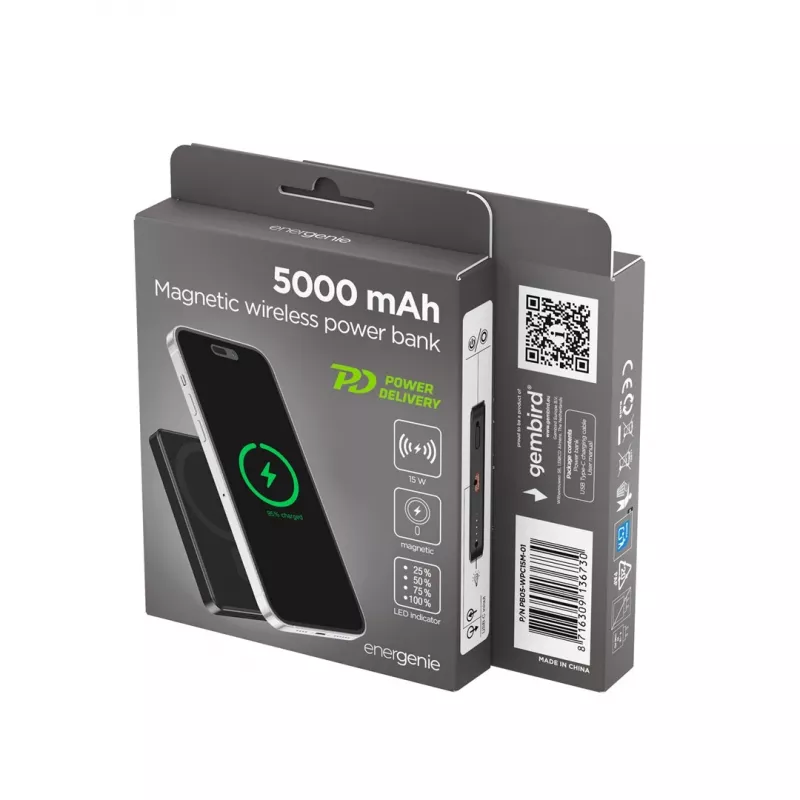Gembird PB05-WPC15M-01 Magnetyczny bezprzewodowy power bank 15W, 5000mAh, Czarny