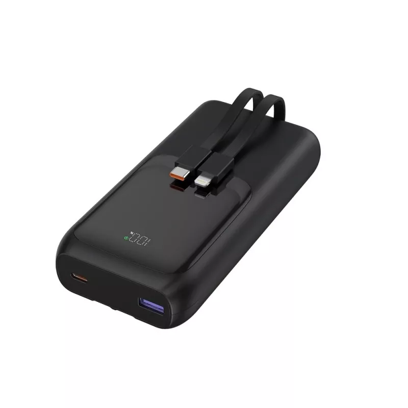 Gembird PB20-PD20-LCD-01 Power Bank z szybkim ładowaniem i zintegrowanymi kablami, 20W, 20000 mAh, czarny
