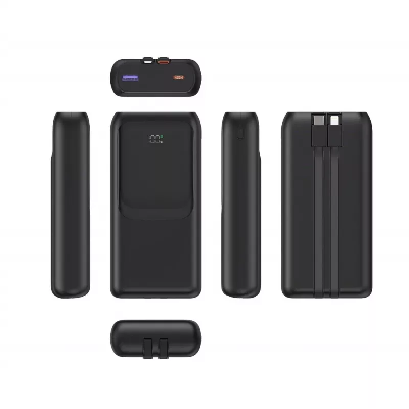 Gembird PB20-PD20-LCD-01 Power Bank z szybkim ładowaniem i zintegrowanymi kablami, 20W, 20000 mAh, czarny