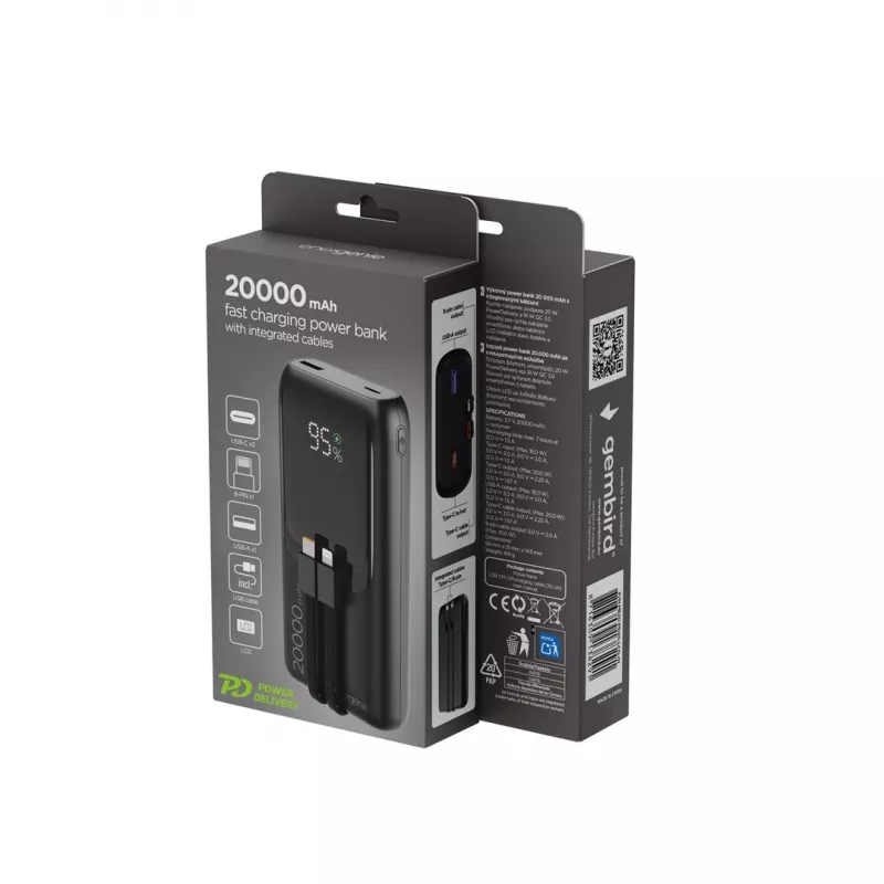 Gembird PB20-PD20-LCD-01 Power Bank z szybkim ładowaniem i zintegrowanymi kablami, 20W, 20000 mAh, czarny