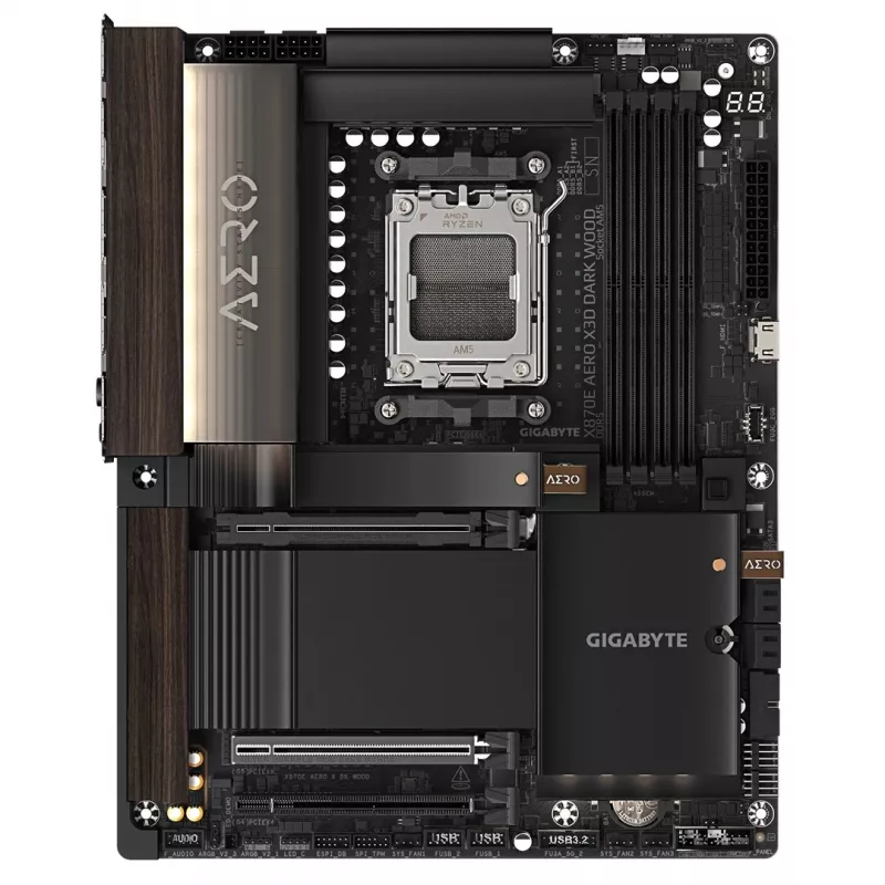 Płyta główna Gigabyte X870E AERO X3D DARK WOOD - obsługuje procesory AMD Ryzen 9000, 16+2+2 fazowy cyfrowy VRM, do 9000 MHz DDR5 (OC), 2x PCIe 5.0 + 2x PCIe 4.0, Wi-Fi 7, 5GbE LAN, USB 4
