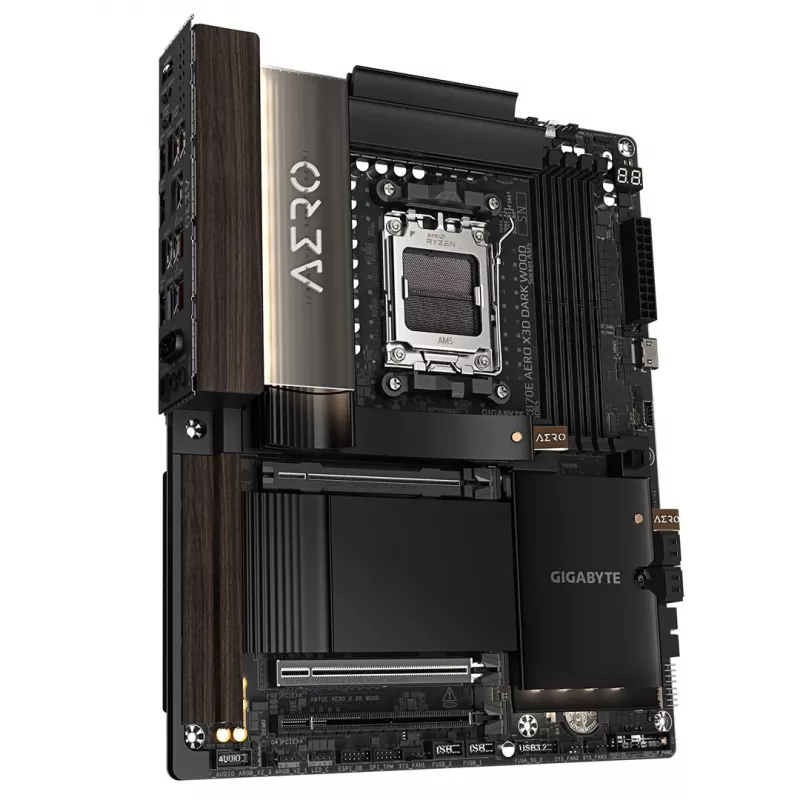 Płyta główna Gigabyte X870E AERO X3D DARK WOOD - obsługuje procesory AMD Ryzen 9000, 16+2+2 fazowy cyfrowy VRM, do 9000 MHz DDR5 (OC), 2x PCIe 5.0 + 2x PCIe 4.0, Wi-Fi 7, 5GbE LAN, USB 4