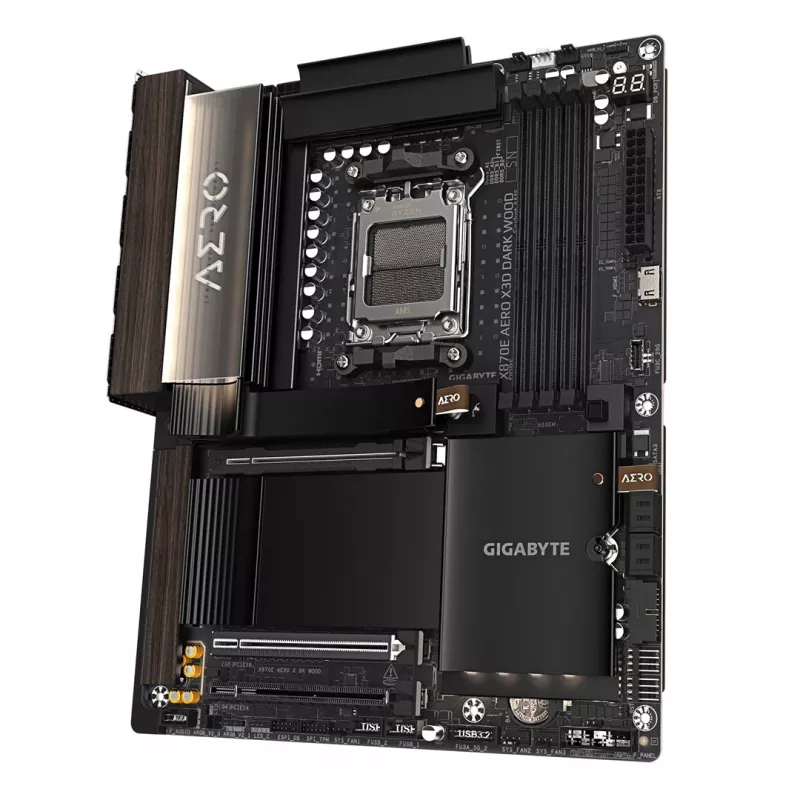 Płyta główna Gigabyte X870E AERO X3D DARK WOOD - obsługuje procesory AMD Ryzen 9000, 16+2+2 fazowy cyfrowy VRM, do 9000 MHz DDR5 (OC), 2x PCIe 5.0 + 2x PCIe 4.0, Wi-Fi 7, 5GbE LAN, USB 4
