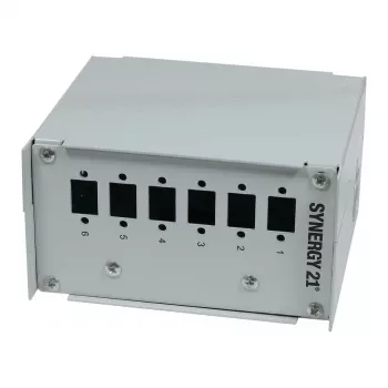 Synergy21 Fiber Optic Patch Panel for DIN Rail, 6x LC-Duplex/SC-Simplex Adapters, without Couplers, Light Grey (RAL 7035)