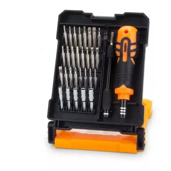 Zestaw precyzyjnych śrubokrętów Synergy 21 25 w 1 z bitami, pęsetą, narzędziami do podważania, przyssawką, szpilką do SIM, przedłużaczem, magnetycznymi końcówkami, obrotową nasadką, bitami ze stali S2, aluminiowym uchwytem, plastikowym etui