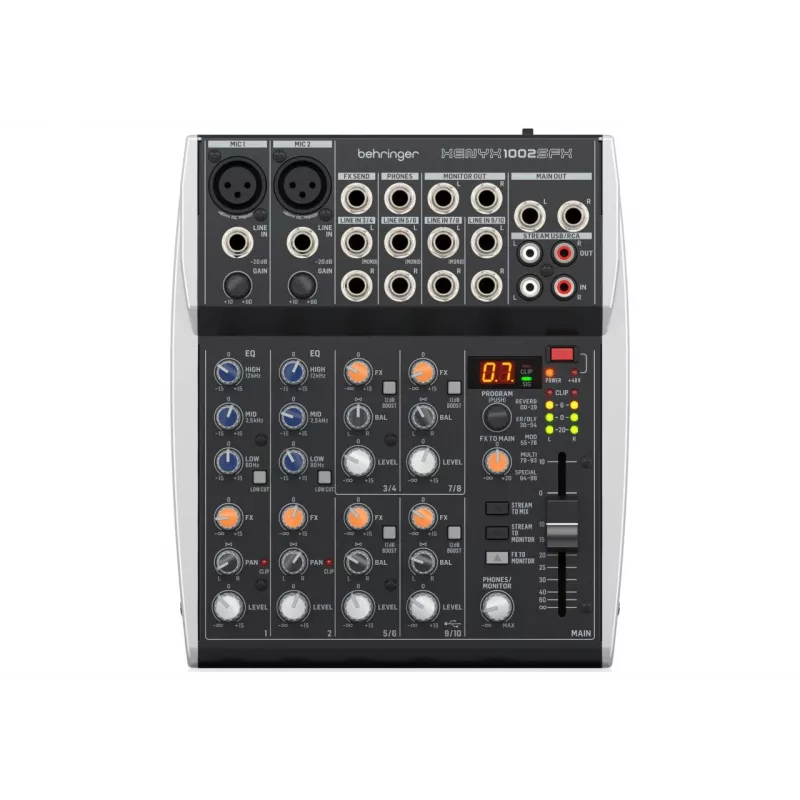 Mikser audio Behringer XENYX 1002SFX z 10 wejściami, 2 przedwzmacniaczami mikrofonowymi XENYX, 3-pasmowym korektorem, procesorem efektów KLARK TEKNIK, 100 presetów