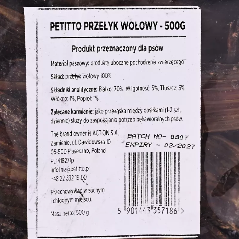 Przysmak dla psa PETITTO Przełyk wołowy 500g
