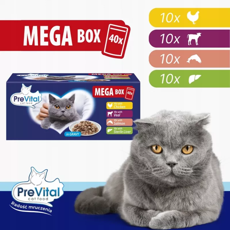 PREVITAL Mega Box Cielęcina, Łosoś, Wątróbka, Kurczak - Mokra Karma dla Kotów - 40x100g
