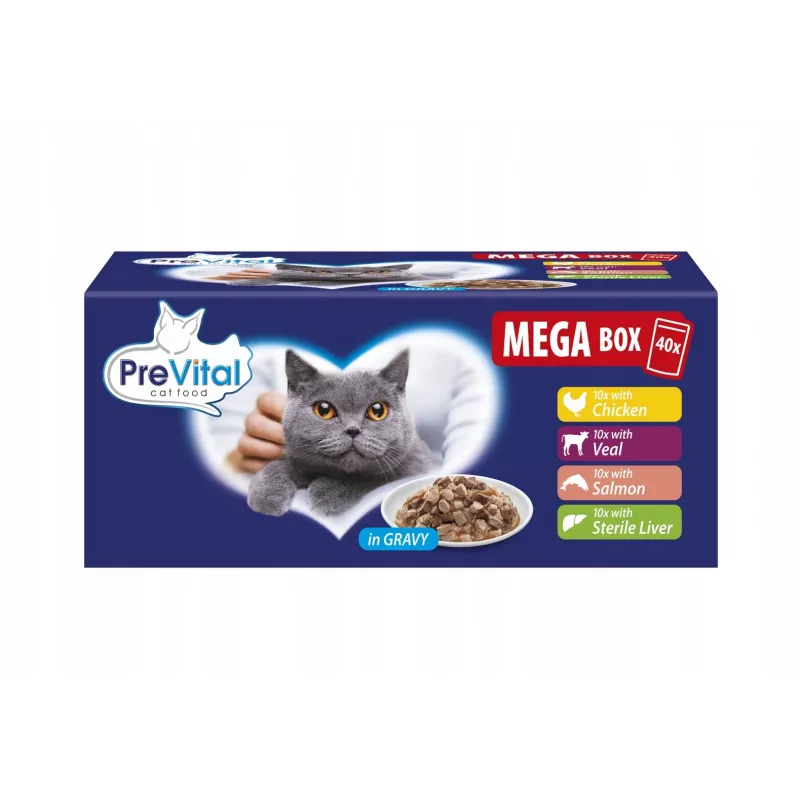 PREVITAL Mega Box Cielęcina, Łosoś, Wątróbka, Kurczak - Mokra Karma dla Kotów - 40x100g