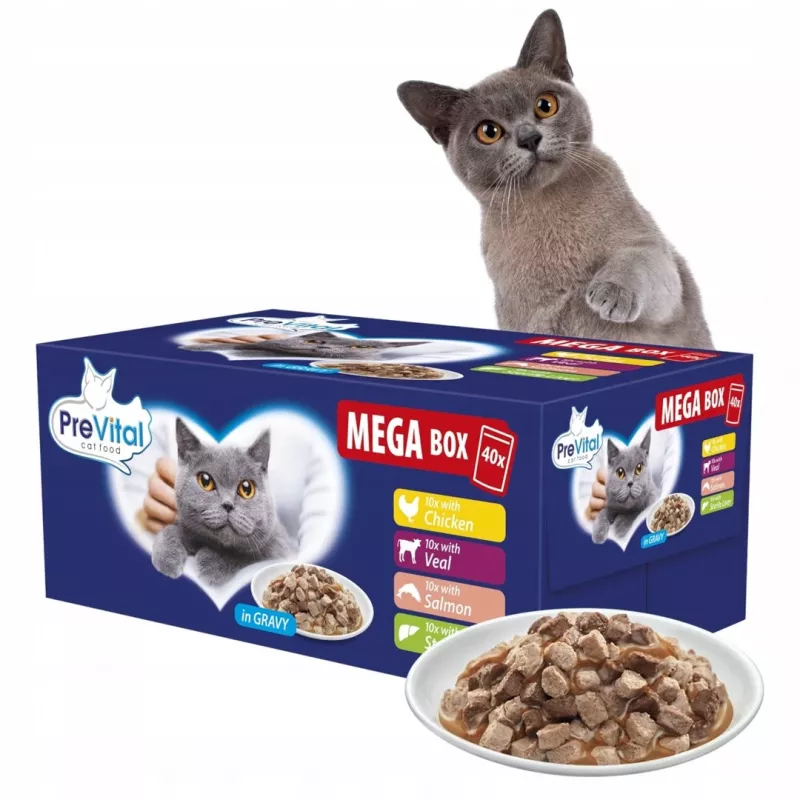 PREVITAL Mega Box Cielęcina, Łosoś, Wątróbka, Kurczak - Mokra Karma dla Kotów - 40x100g