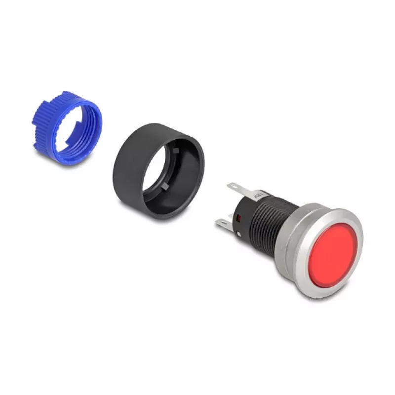 Delock 22 mm Panel Mount Push Button, Flat, Red LED, Solder Terminals, 1 NO, 230 V AC/DC