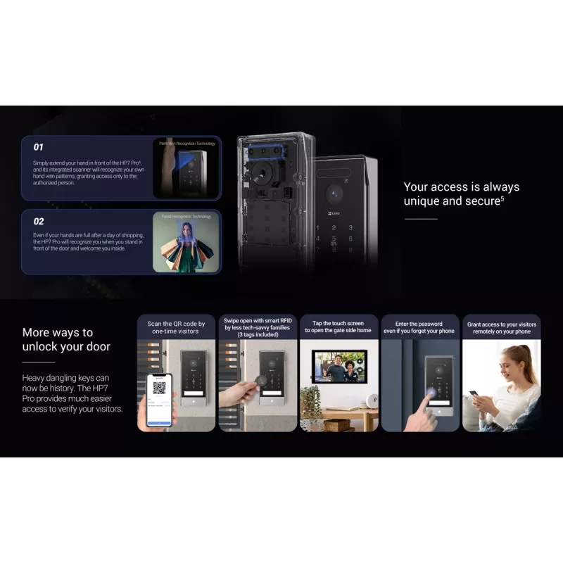 Zestaw wideodomofonu IP 4K EZVIZ HP7 Pro z 7-calowym monitorem dotykowym, Wi-Fi 6, skanerem dłoni, rozpoznawaniem twarzy, RFID, stacją zewnętrzną IP65