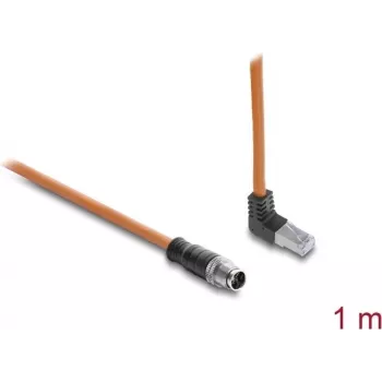 Delock M12 to RJ45 Cable X-coded 8-pin Male Straight to Male Upward Angled S/FTP Shielded Cat.6A 1 m Orange