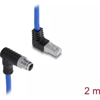 Przewód Delock M12 X-coded 8-pin męski kątowy w dół do RJ45 męski kątowy w górę S/FTP ekranowany 2 m niebieski (81012)
