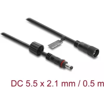 Przedłużacz DC Delock 5.5 x 2.1 mm wtyk-gniazdo z blokadą śrubową M12 x 1.75 mm, wodoodporny, 18 AWG, 0.5 m, czarny