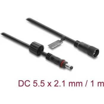 Przedłużacz DC Delock 5.5 x 2.1 mm wtyk-gniazdo z blokadą śrubową M12 x 1.75 mm, wodoodporny, 18 AWG, 1 m, czarny
